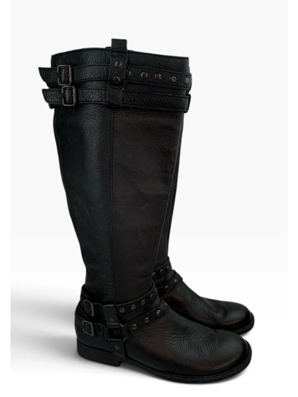 -Born Gynee Tall Boots Womens 8.5 Black Leather Moto Studded Harness Goth Witchy